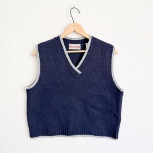 Best Authentic Sweater Vest Wool V-Neck Preppy Navy Blue Large Contrast Trim